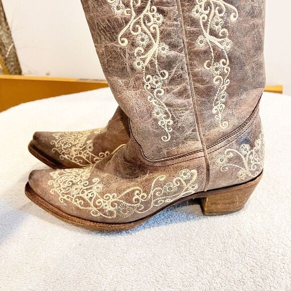 Corral Distressed Brown Cowgirl Boots Bone Embroidery 7.5 Western Cowboy Boho - Picture 13 of 16